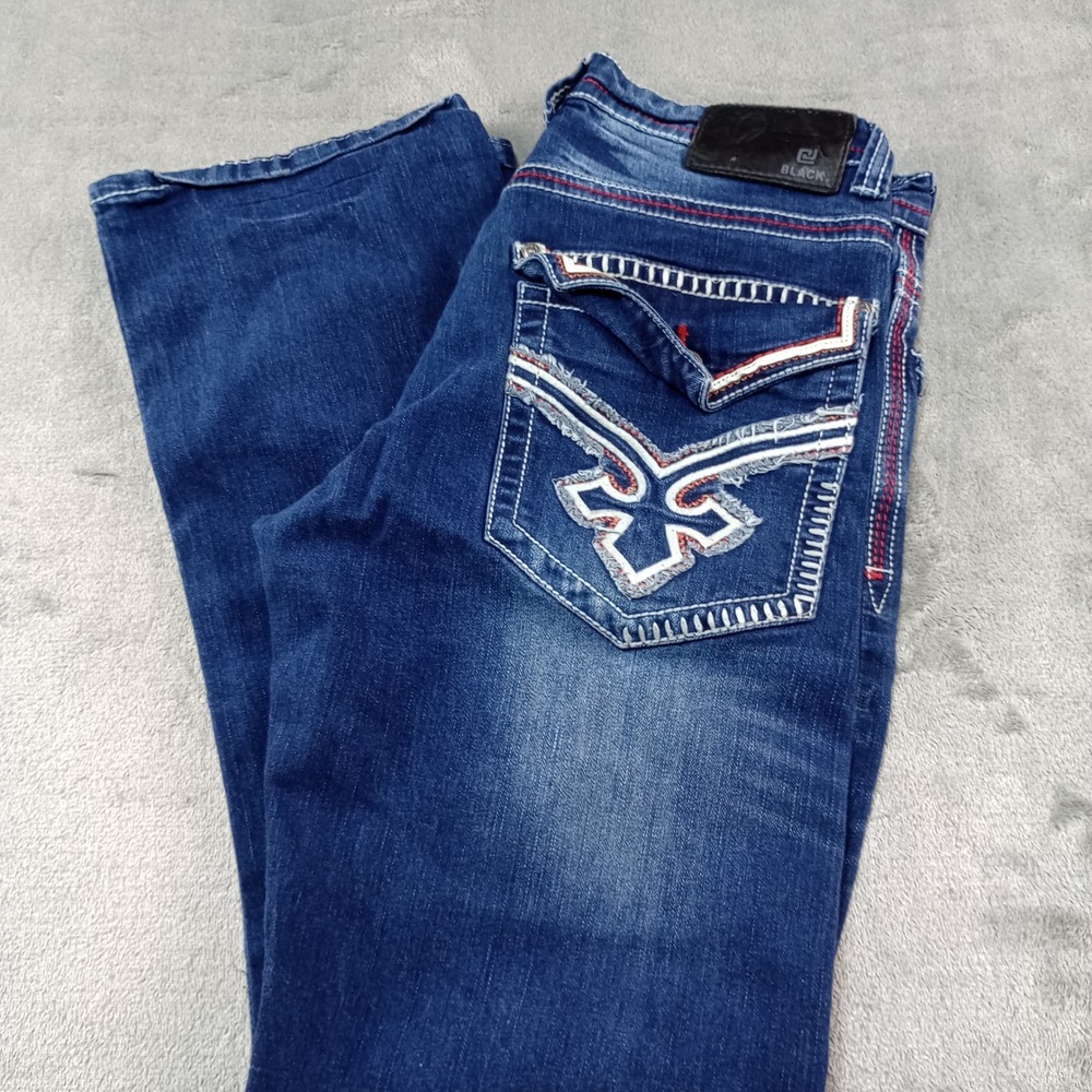 CJ Black Straight Jeans Mens 34 Blue Embroidered Contrast Stitch Y2K Streetwear